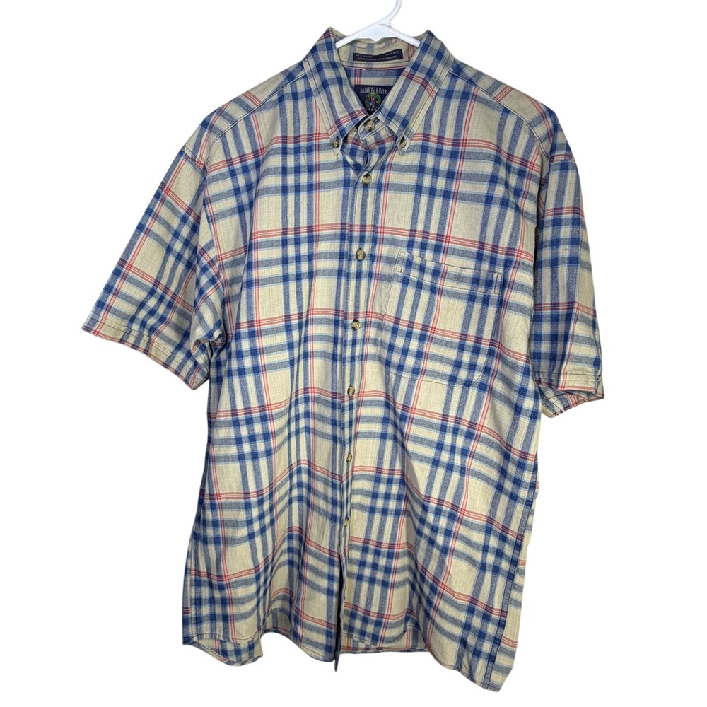 Salmon River Traders Plaid Button Up Shirt M Short Sleeve Blue Cream Gorpcore